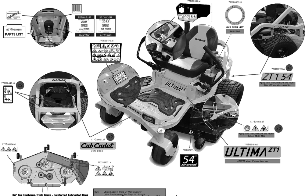 Label Map Diagram and Parts List for ZT1-54KH (17RREACM010)(2022) Cub Cadet Lawn Tractor